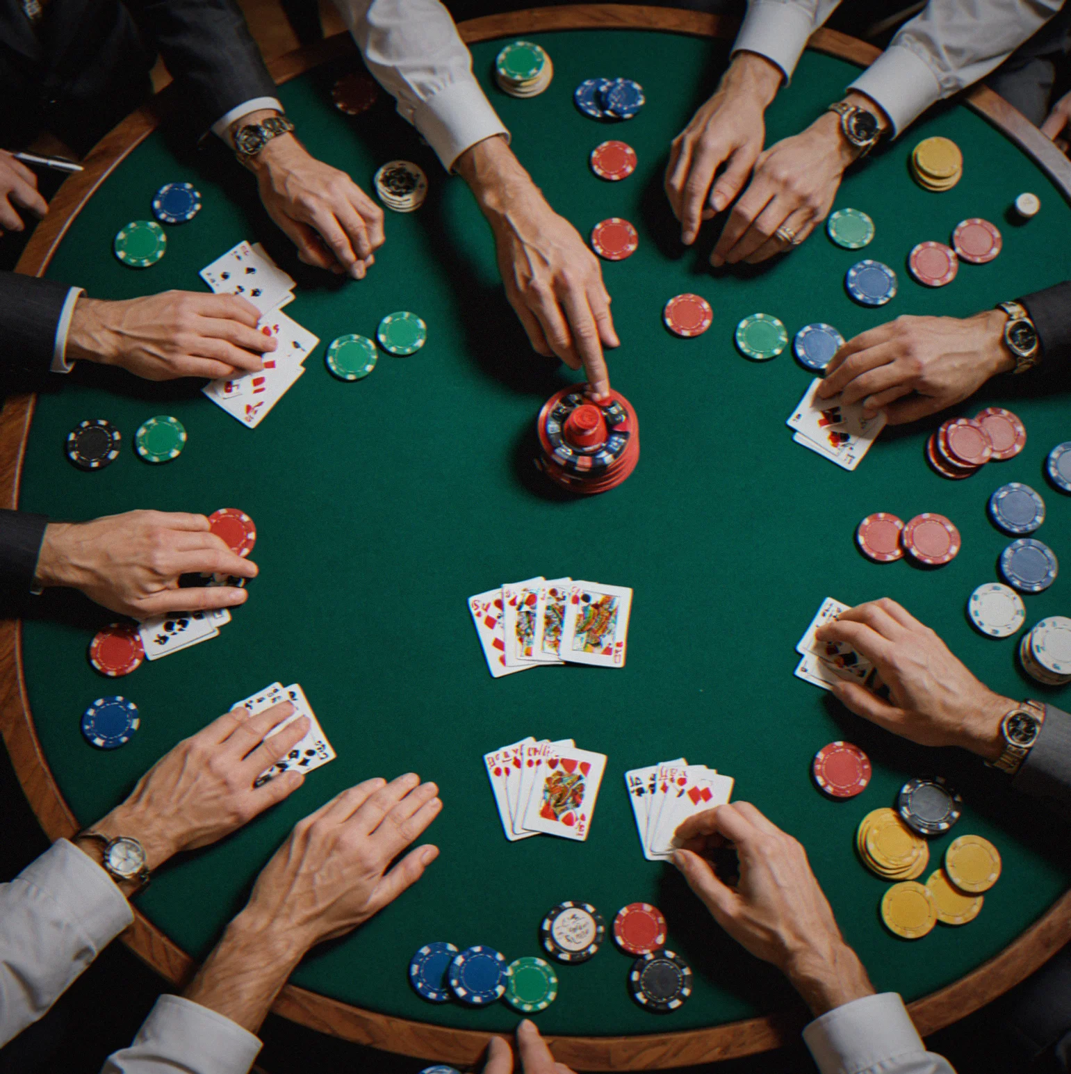 Everything you need laid out on the felt: the card shoe, dealer buttons, blind markers, and cut cards all within reach