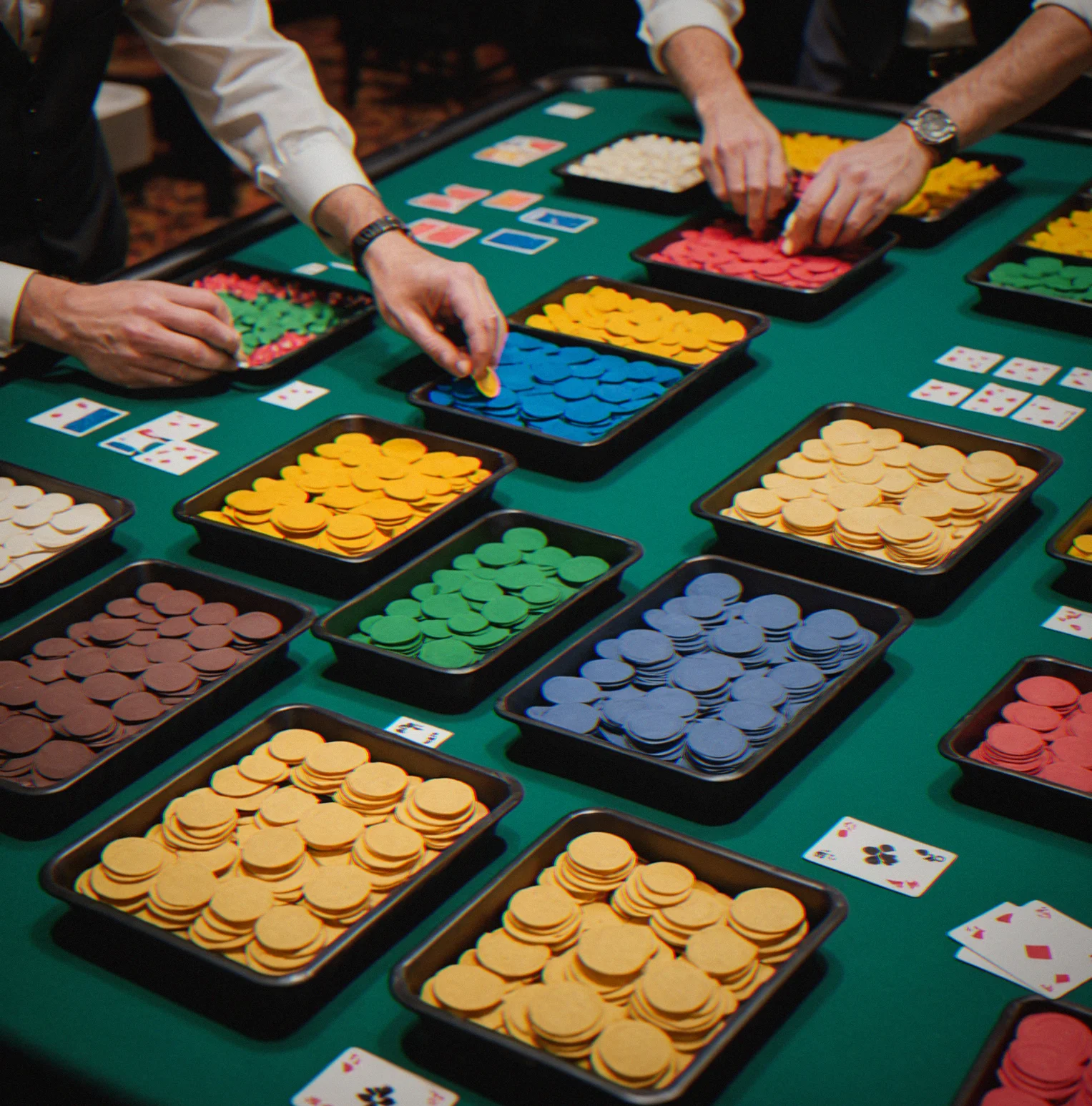 Chip trays organized by color so different values don't mix, making it easy to manage the float during a tournament