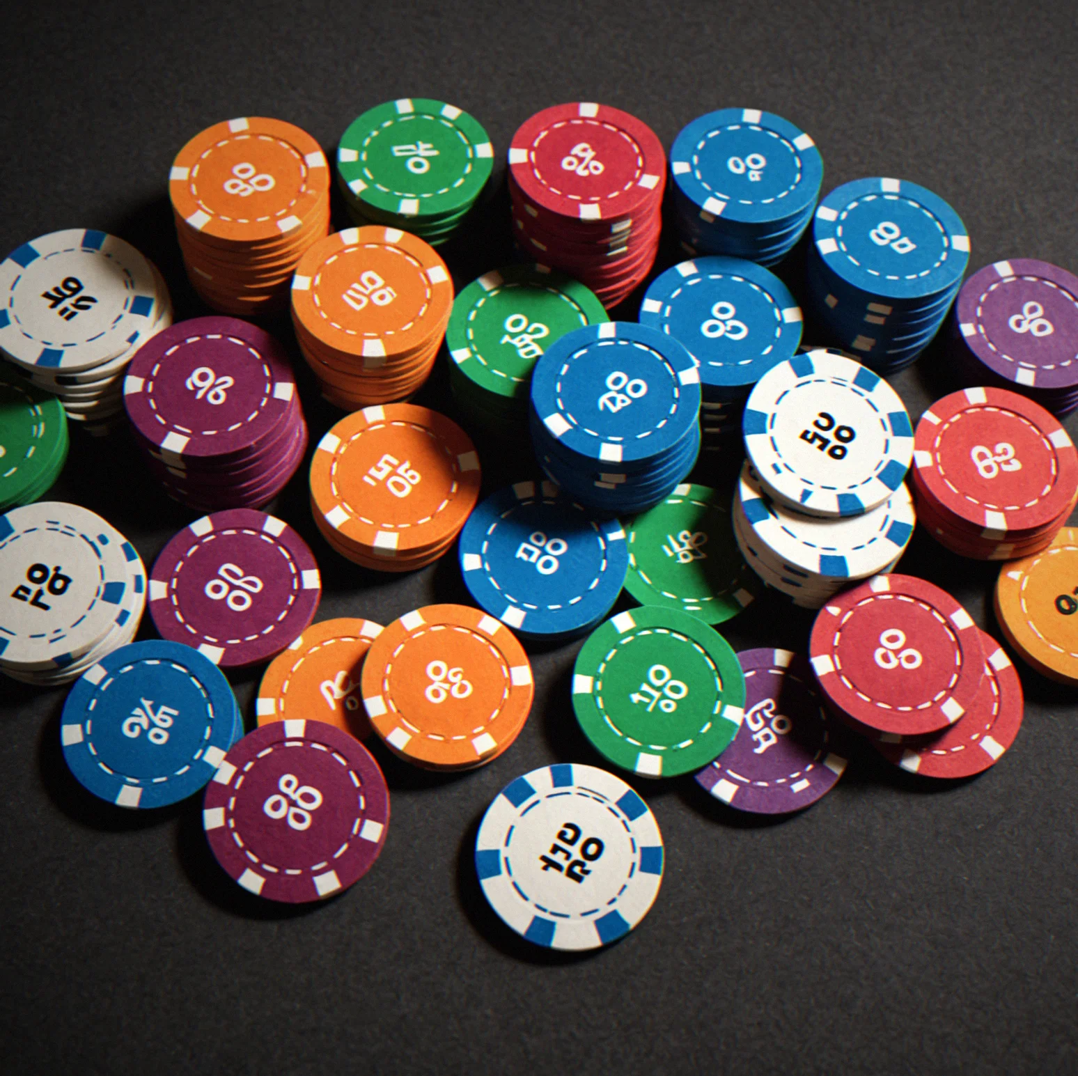 Clay composite poker chips stacked and sorted by denomination, each one color-coded so you know the value at a glance