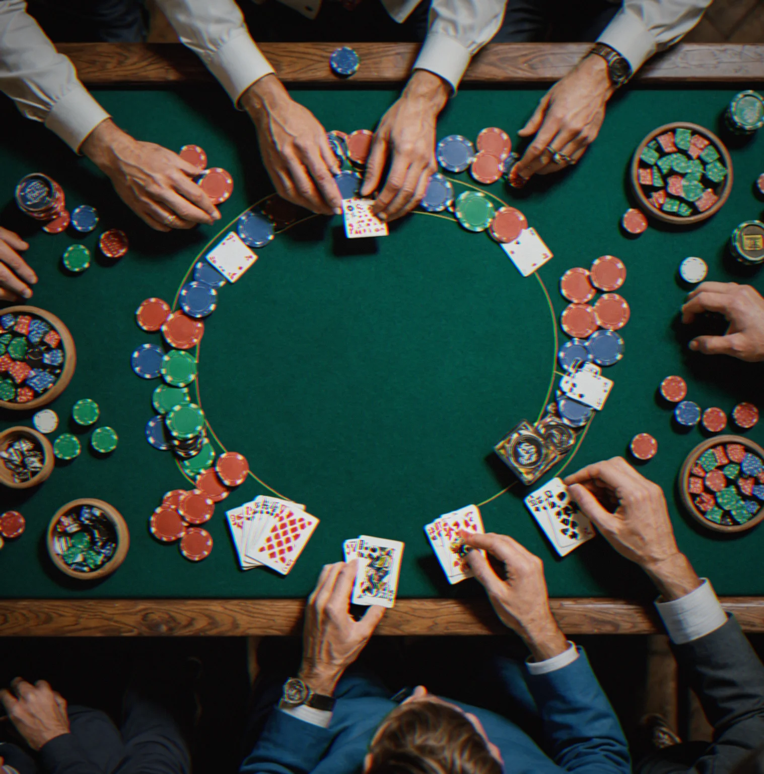 Looking down at the table from above, you can see exactly where the dealer button sits, the cut card, and the shoe ready to go