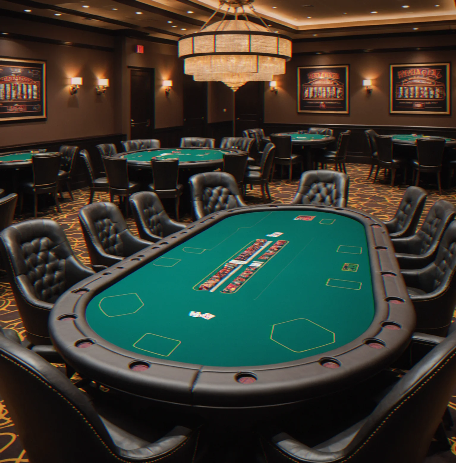 Full-size tournament poker table with speed cloth felt, padded rails running around the edge and cup holders built in