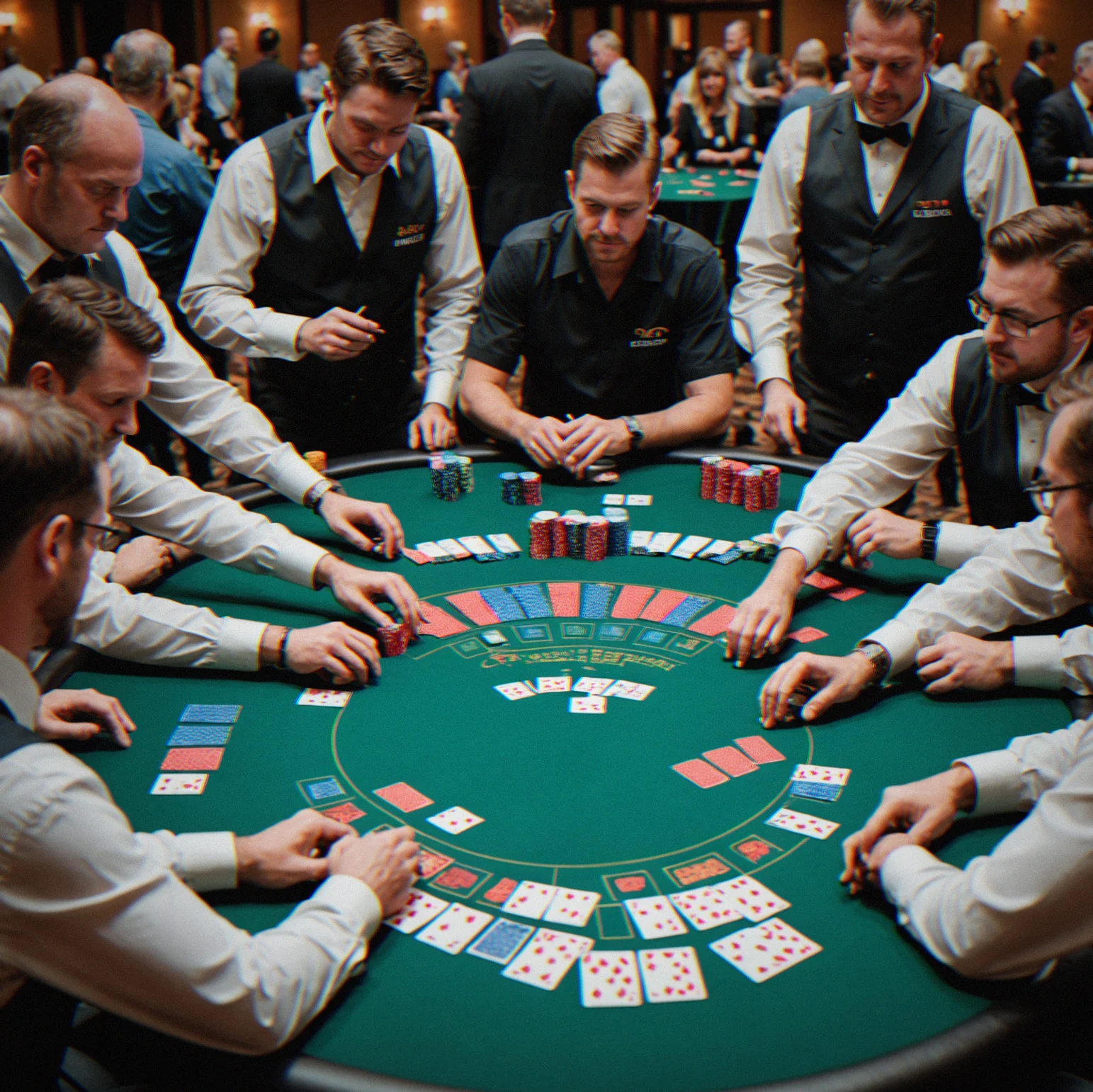 A corporate event in full swing with four tables running, dealers at their stations, and players deep in games