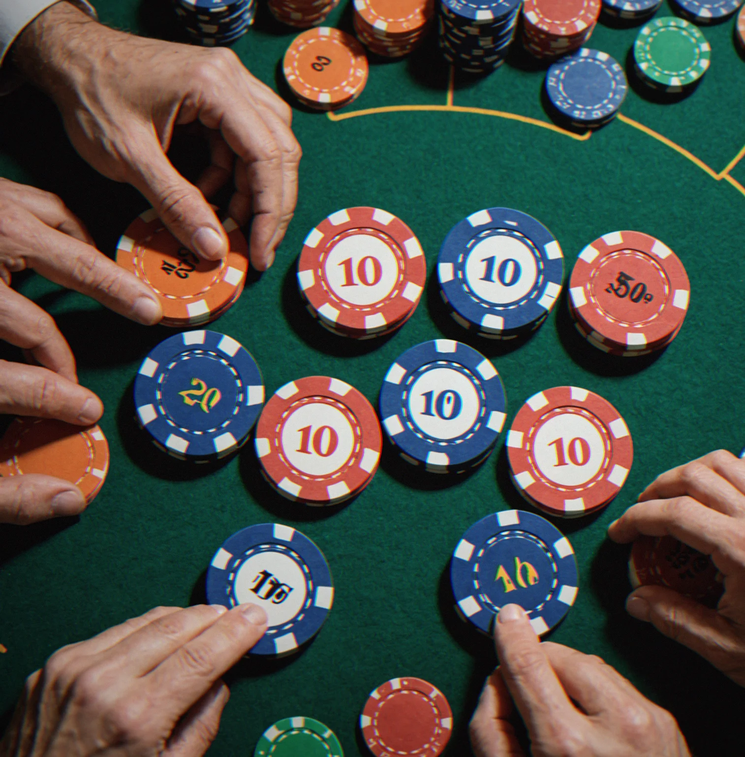 Close-up of stacked clay composite poker chips showing the weight and texture of the 10-gram design
