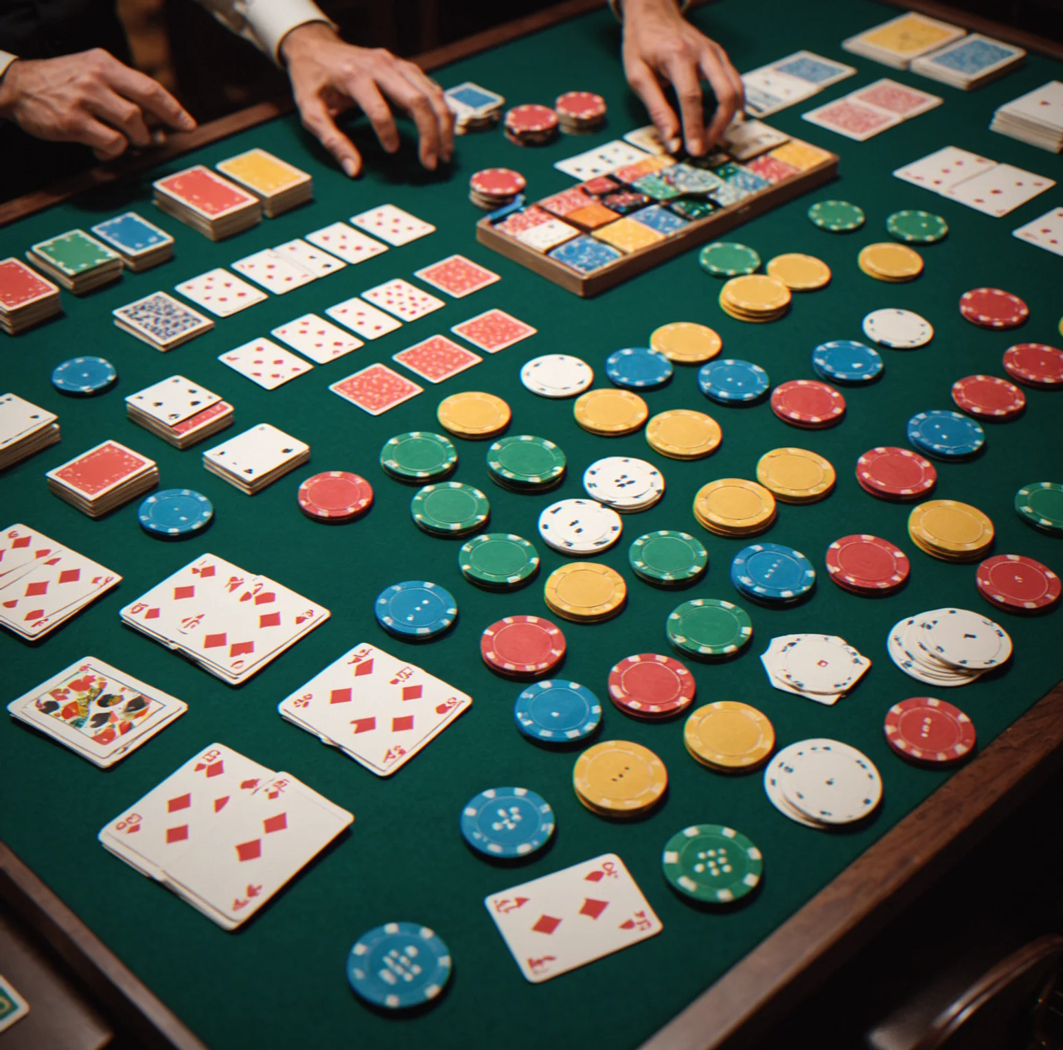Complete dealer kit including card shoe, buttons, blind markers and cut cards arranged on felt