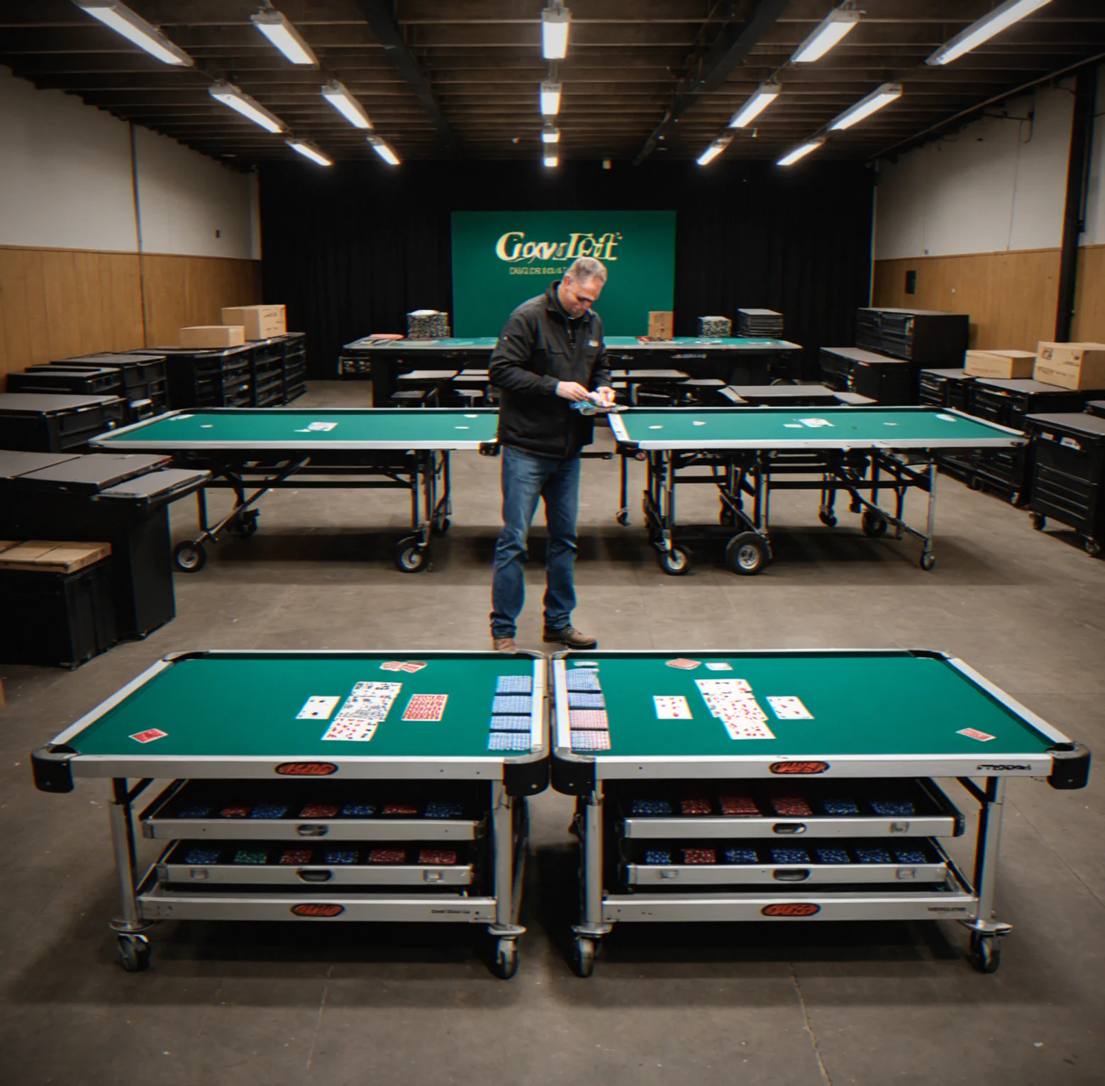 Equipment loading truck with folded poker tables and chip cases ready for transport