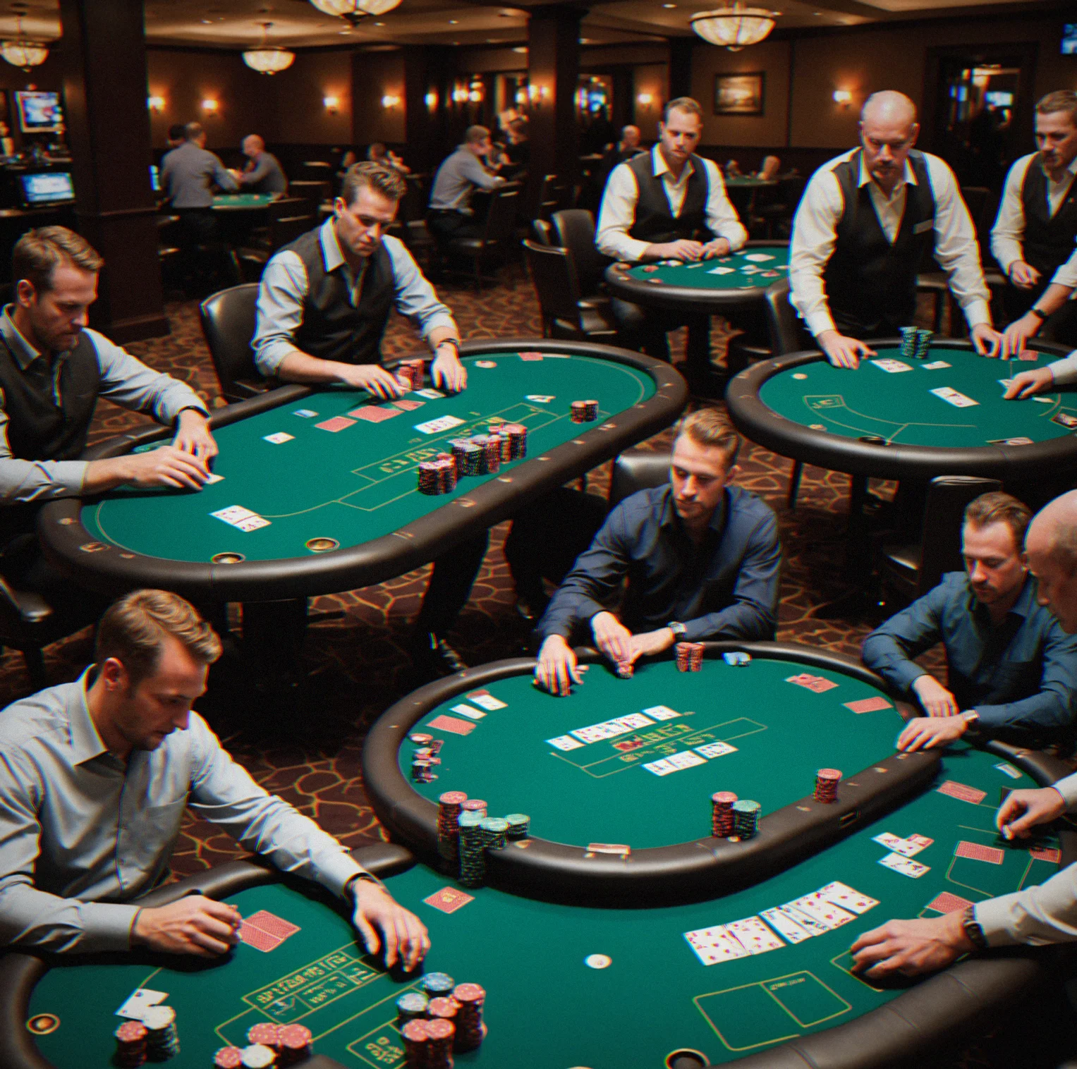 Multiple poker tables set up in different venues showing weekly event rotation capability