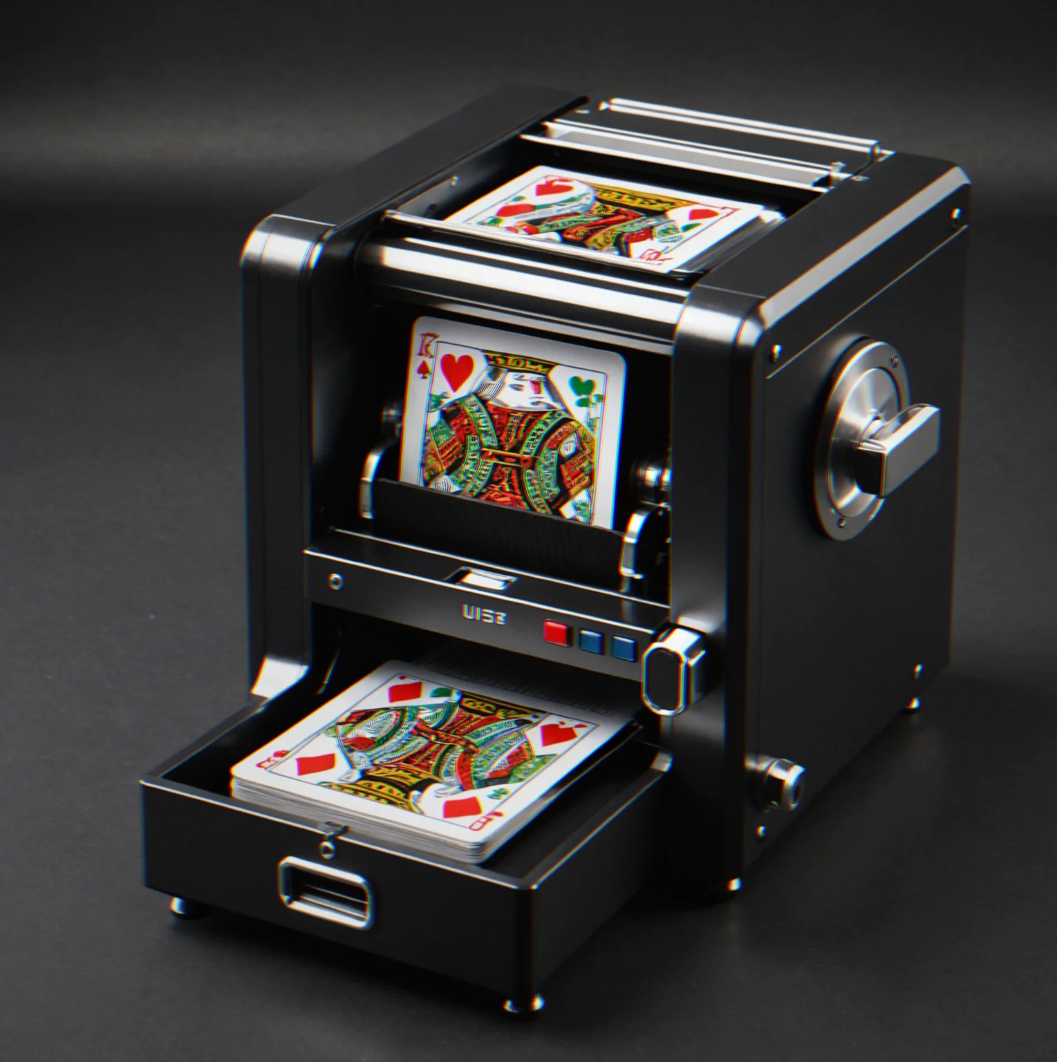 Professional automatic card shuffler machine operating with deck of cards loaded