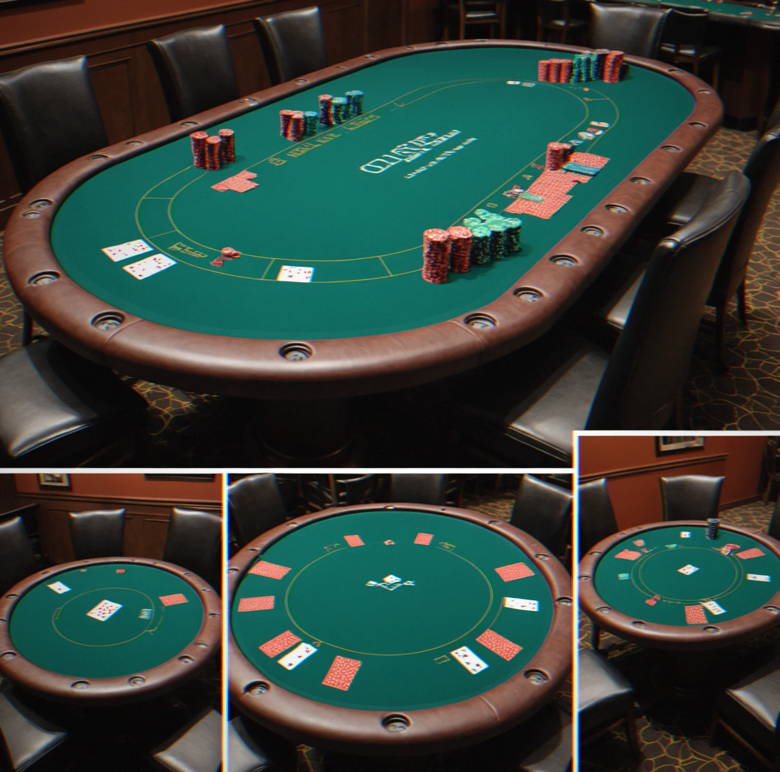 Professional poker table with speed cloth felt showing cup holders and pdaded rail detail