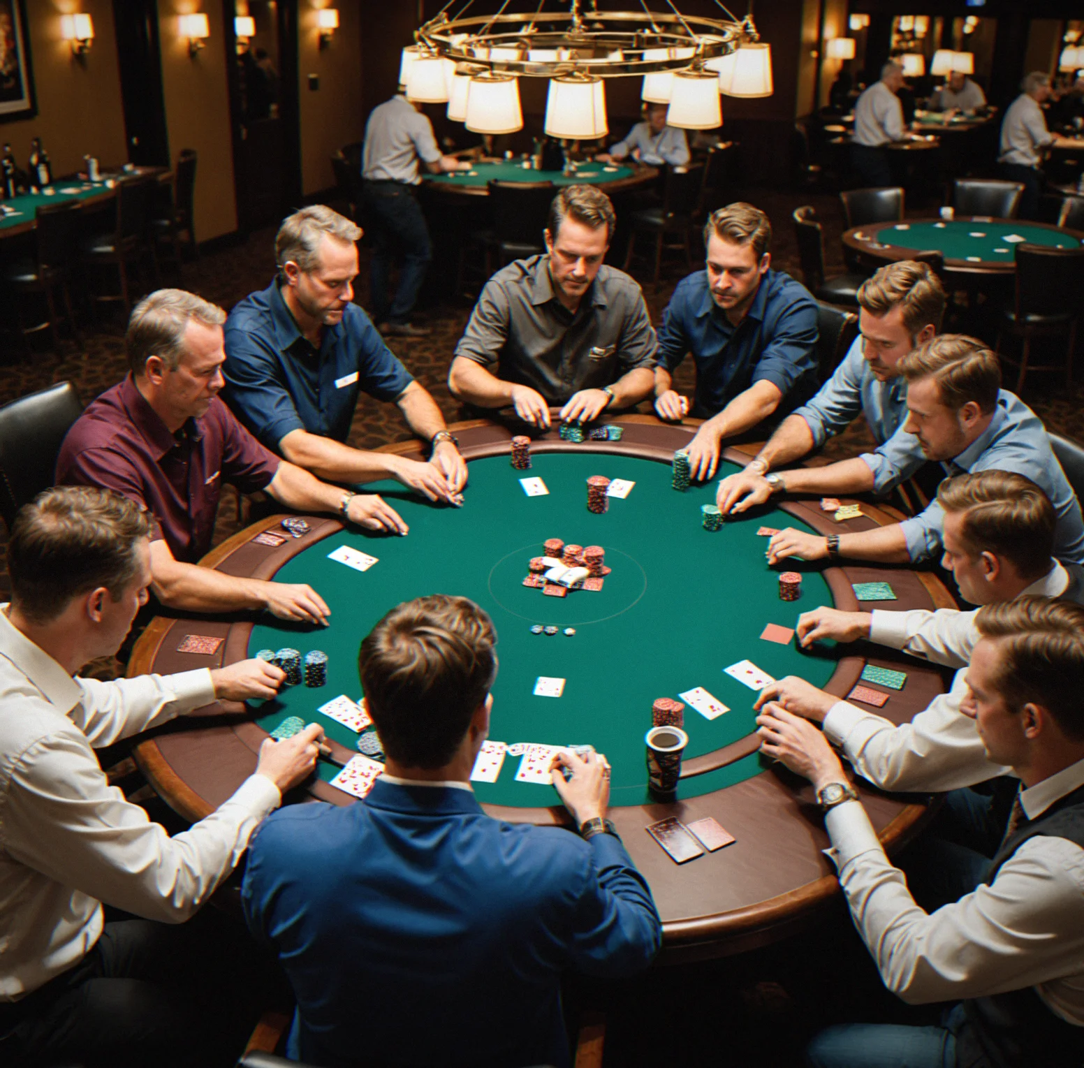 The dealer works at the table, the cards come out of the deck with a button and blinds in the right places during the deal