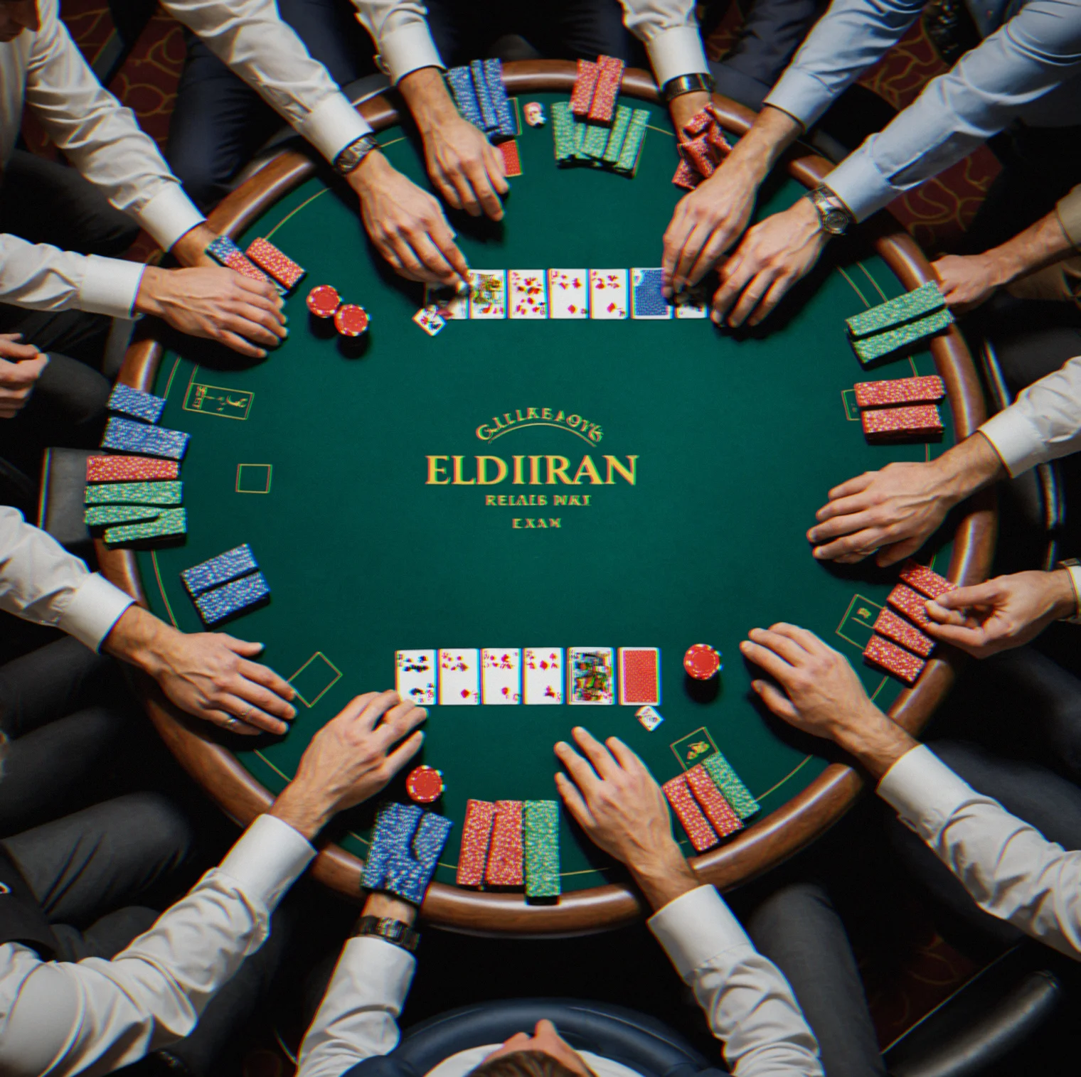 Professional poker tournament table with clay chips, felt surface and dealer position fully set up and ready to go