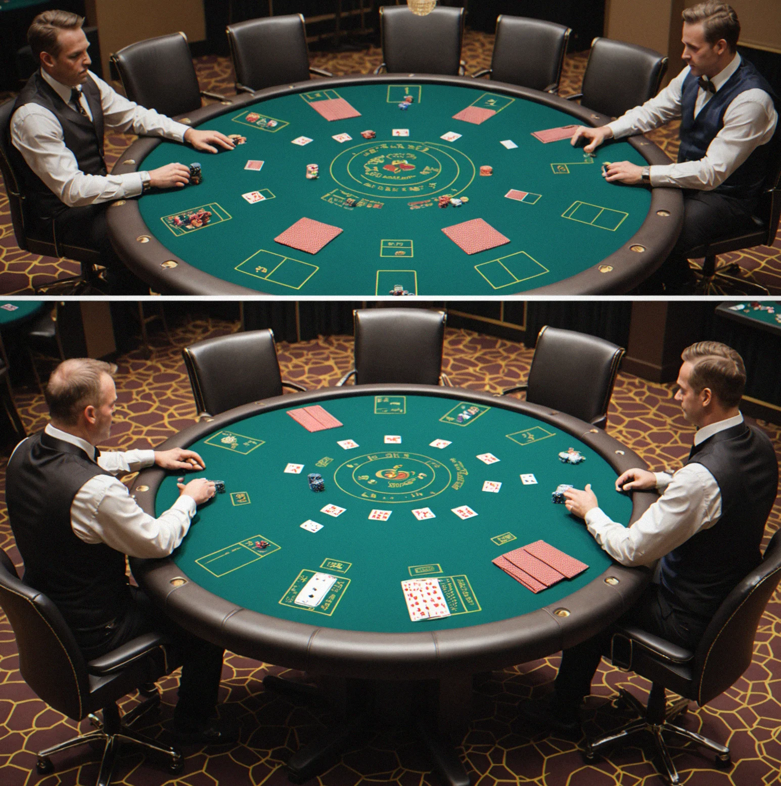 Professional casino-grade poker table with clay chips and speed cloth felt, set up in an event space