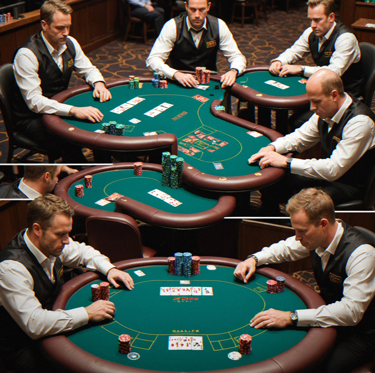 Professional poker table setup with clay chips, speed cloth felt, and dealer position during active tournament