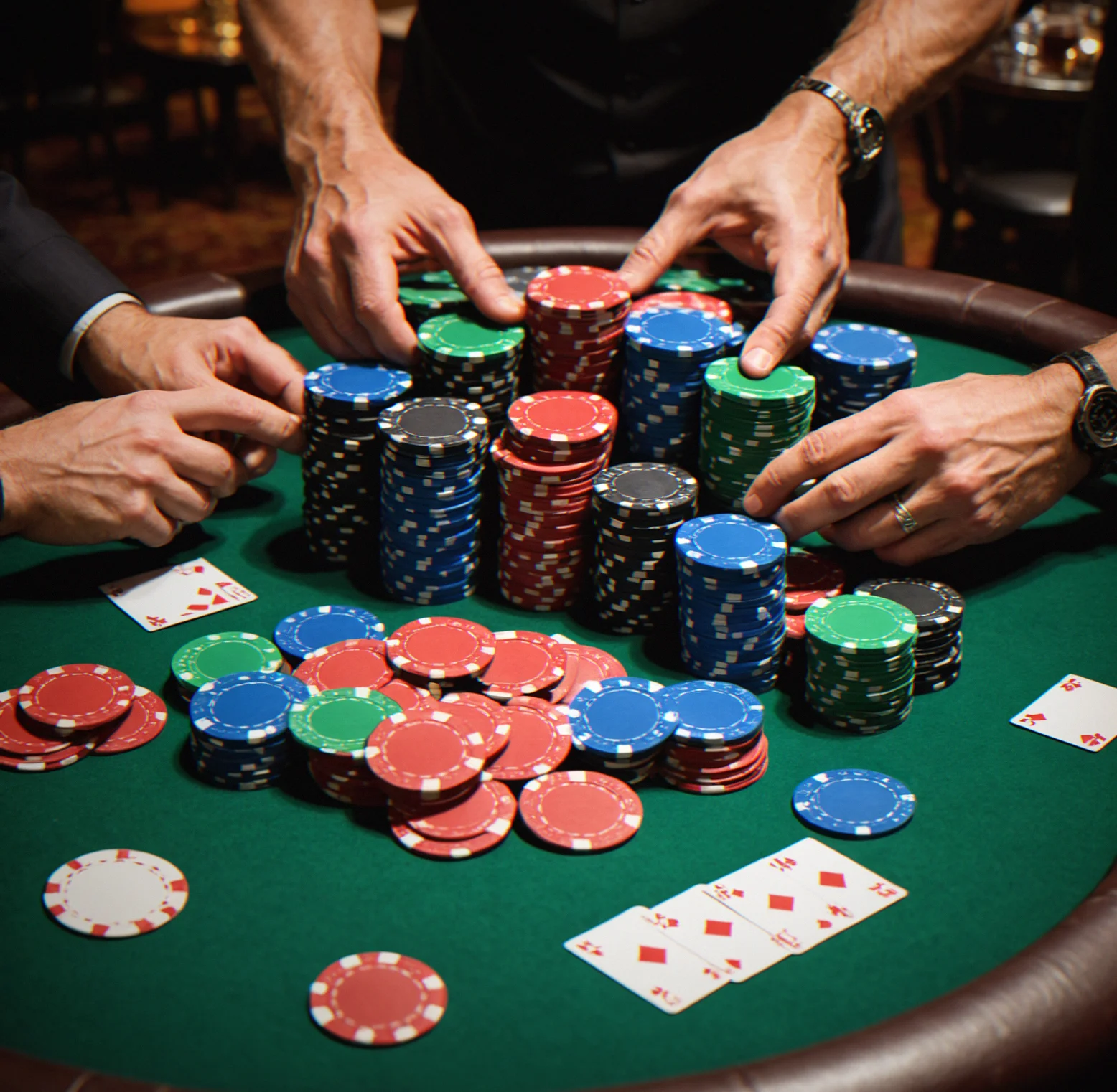 Clay composite poker chips sorted by color and value