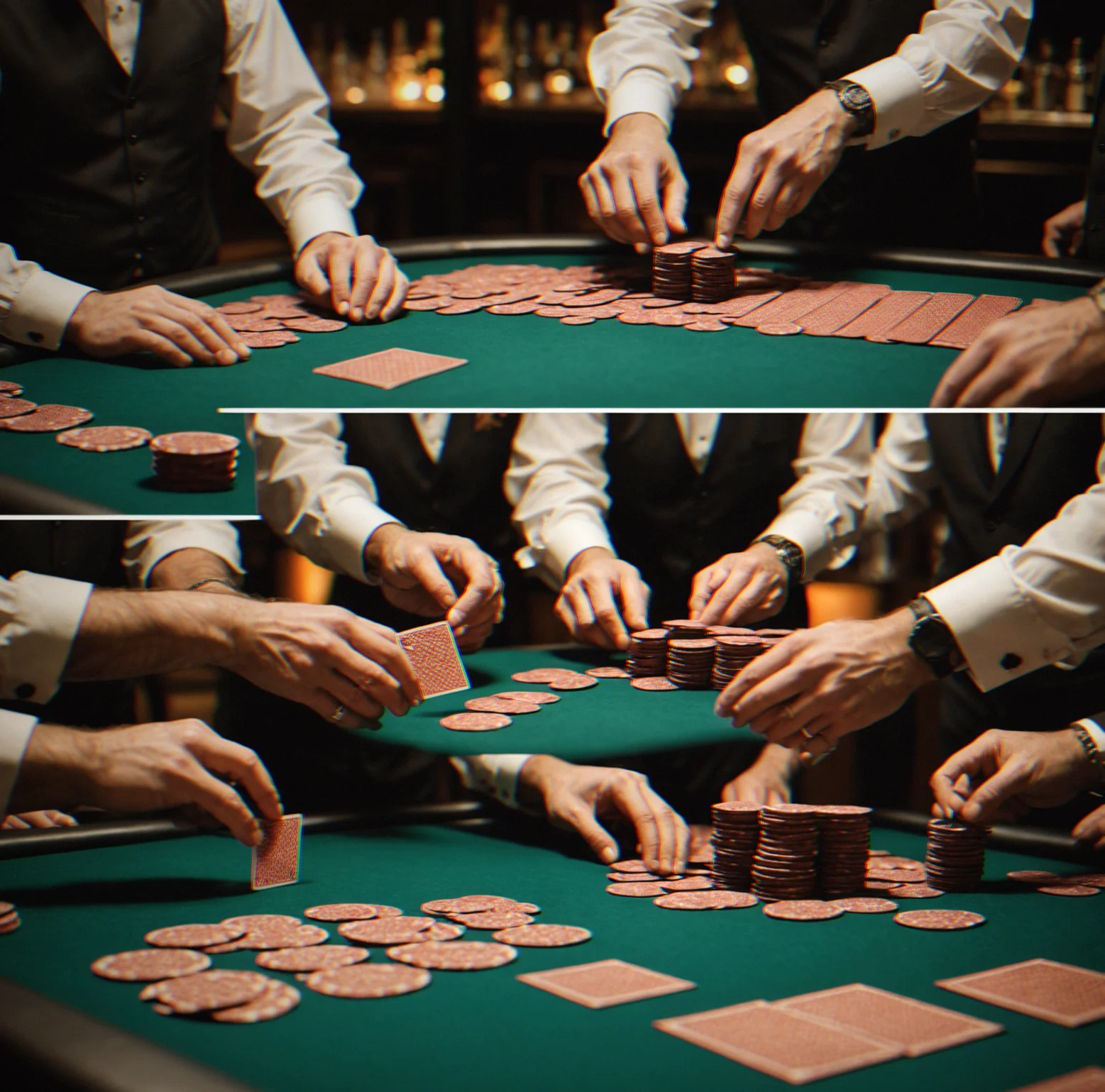 Casino-grade felt with speed cloth, cup holders recessed into the surface, padded rail running around the edge