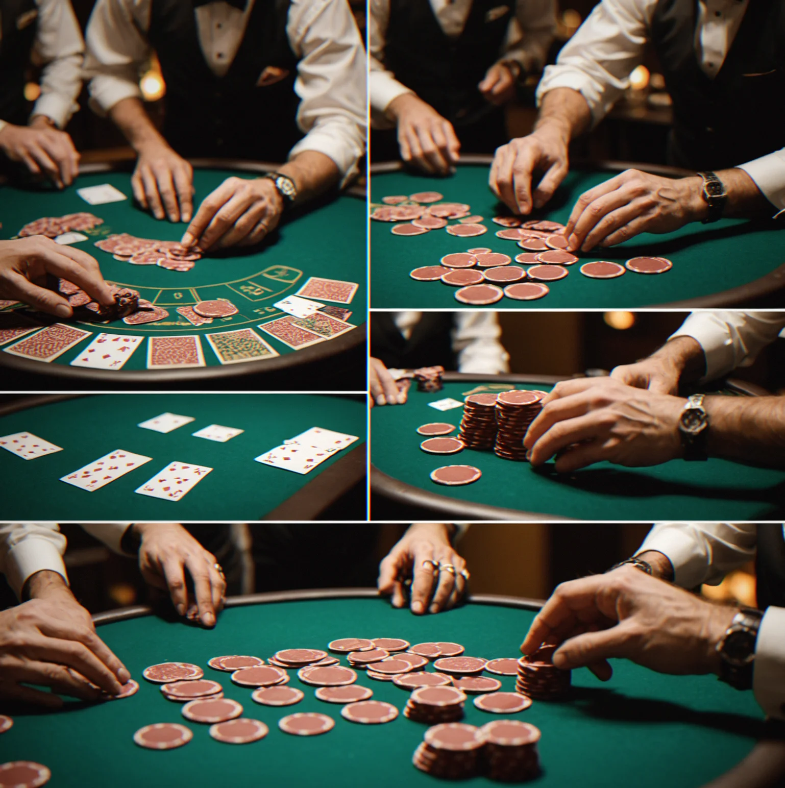 Dealer working mid-hand, cards coming from the shoe with burn pile, button and blinds all in the right spots