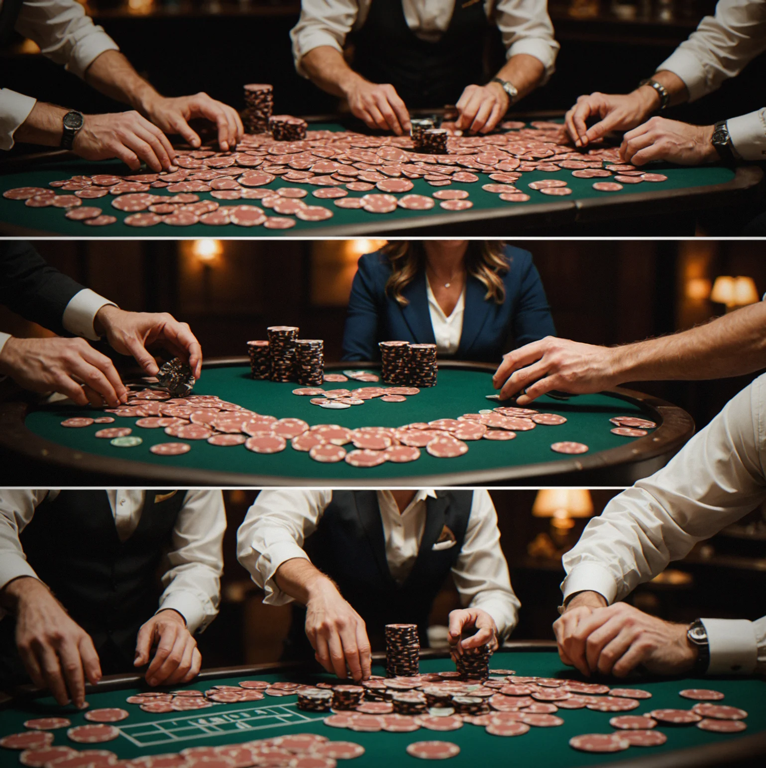 Smaller game with six players around the table, clay chips in play, dealer managing the action
