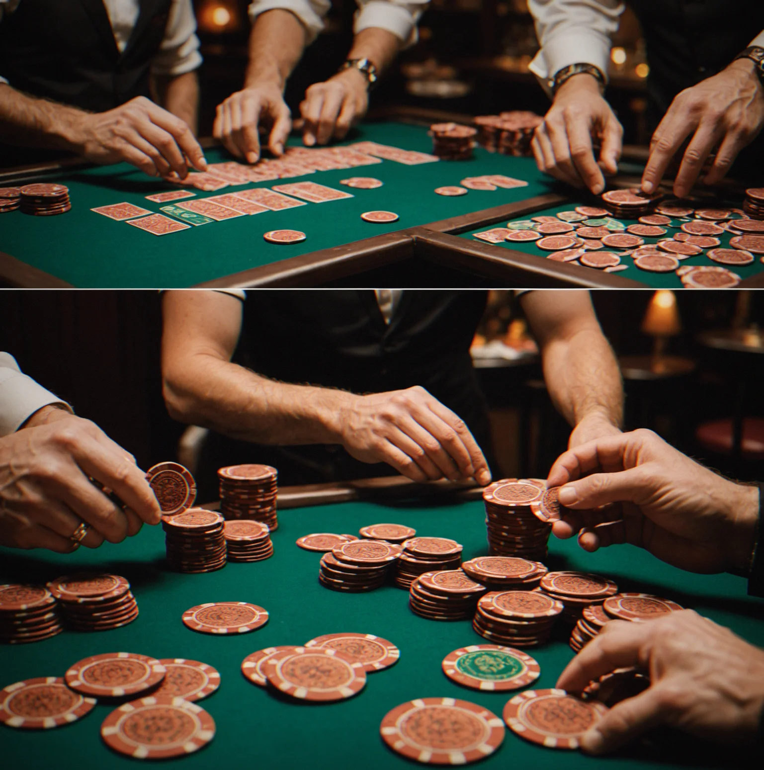 Private venue tournament with four tables running, chip trayw visible, dealers positioned and ready