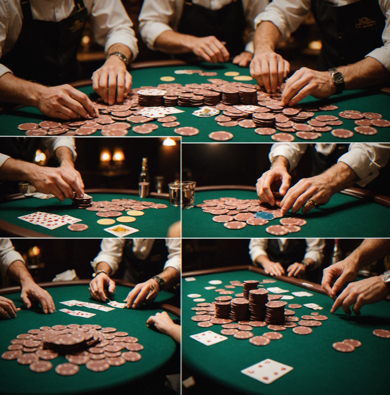 Players in the middle of an evening game, chips moving across the felt, table performing like it should